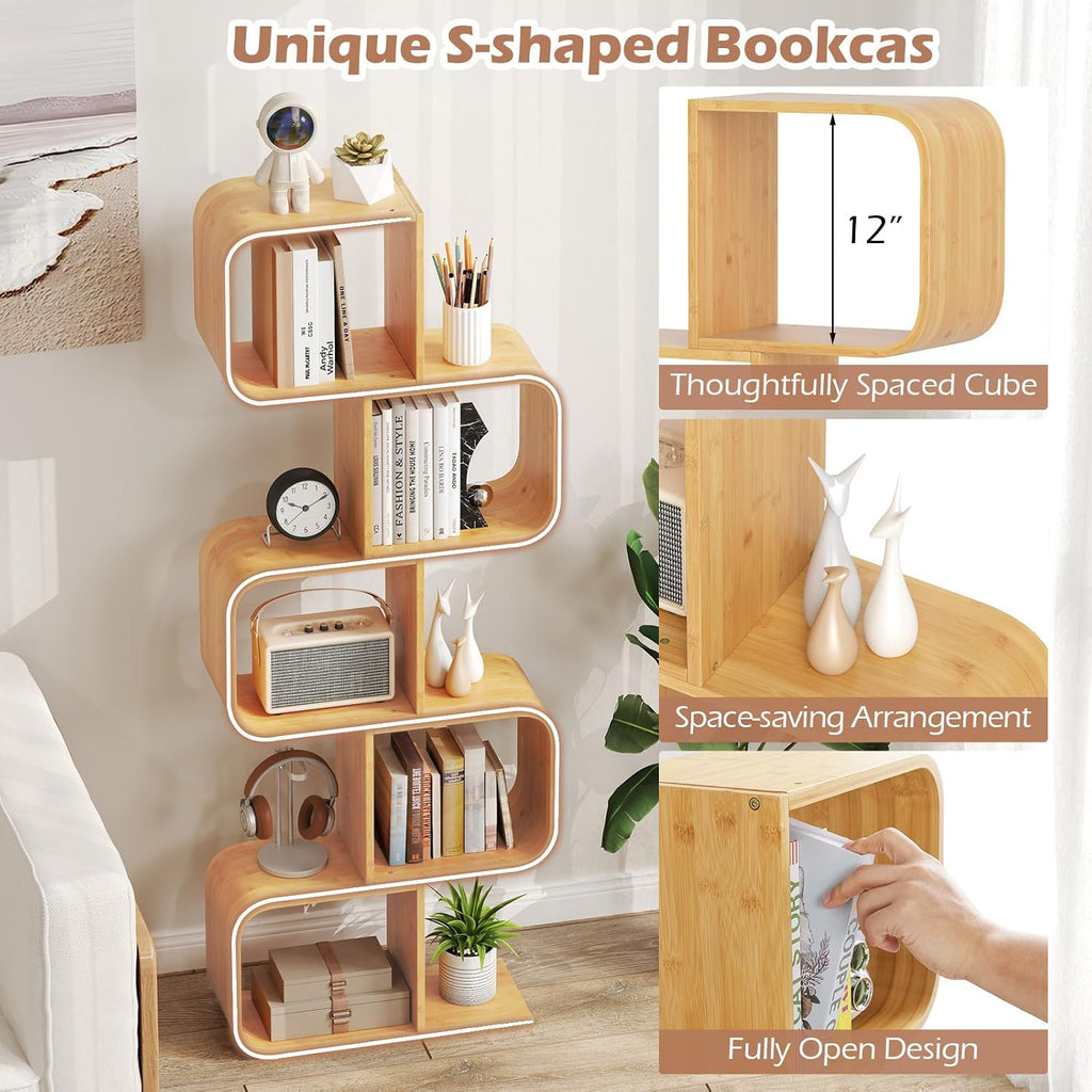 Giantex 5-Tier S-Shaped Bookcase, Bamboo Bookshelf with Open Cubes, Geometric Corner Display Shelf, Decorative Storage Organizer, Floor Storage Rack for Living Room, Home Office, Natural