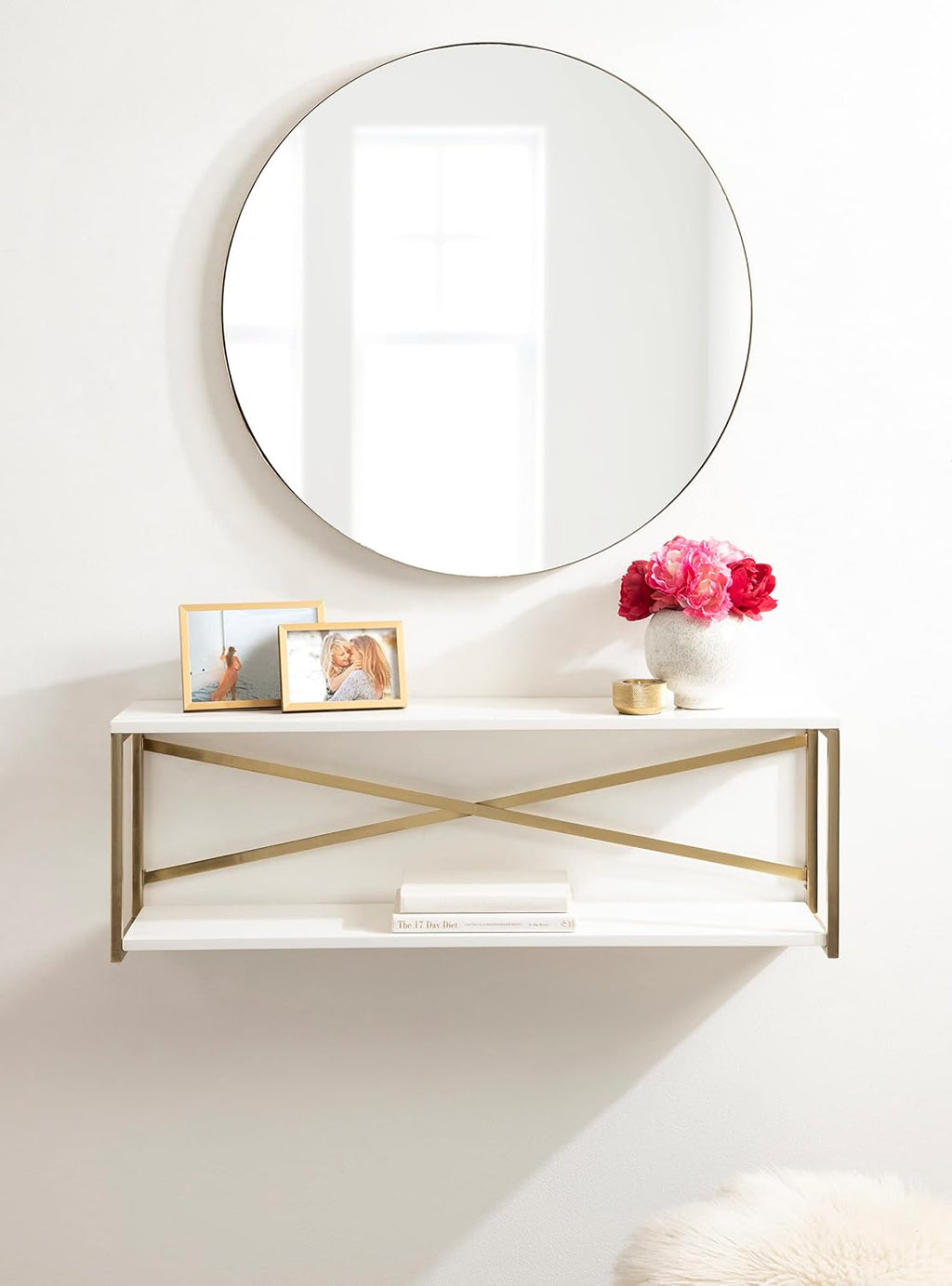 Kate and Laurel Ascott Modern Glam Rectangle Floating Shelf; 36 x 12; White and Gold; Versatile 2-Tier Wide Wall Shelf for Living Room or Bedroom Display or Storage
