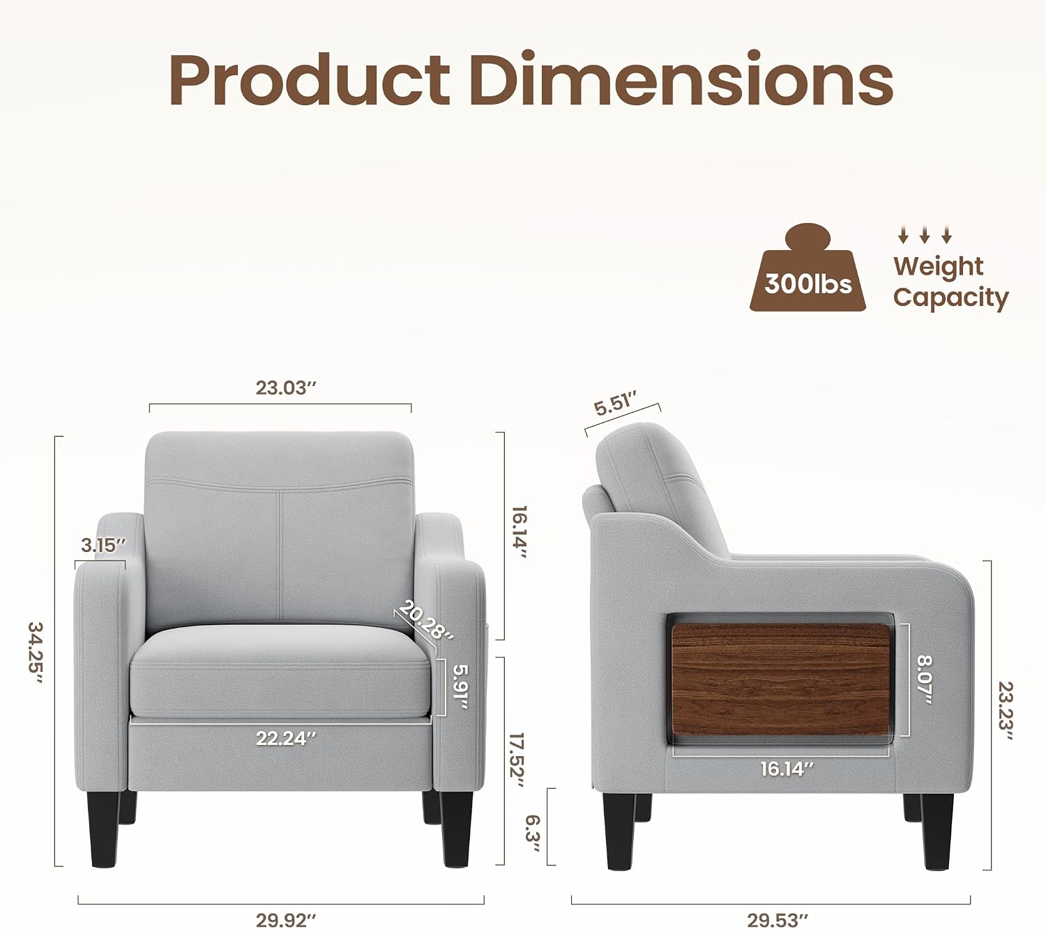 Accent Chair for Living Room Modern Linen Upholstered Armchair Side Wooden Fabric Sofa Chair with Foldable Table 2 Side Pockets Comfy Reading Chair for Bedroom