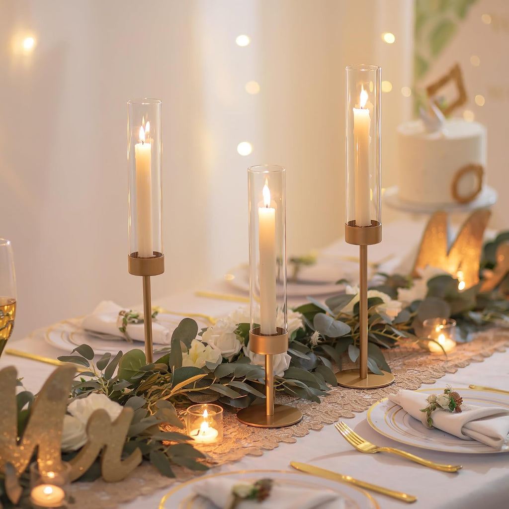 Glass Hurricane Candlestick Holders Gold - Romadedi 18 PCS Taper Candle Holder Bulk Tall Clear Glass Cylinder Table Centerpiece Wedding Decor Party Birthday Christmas Home Decorations