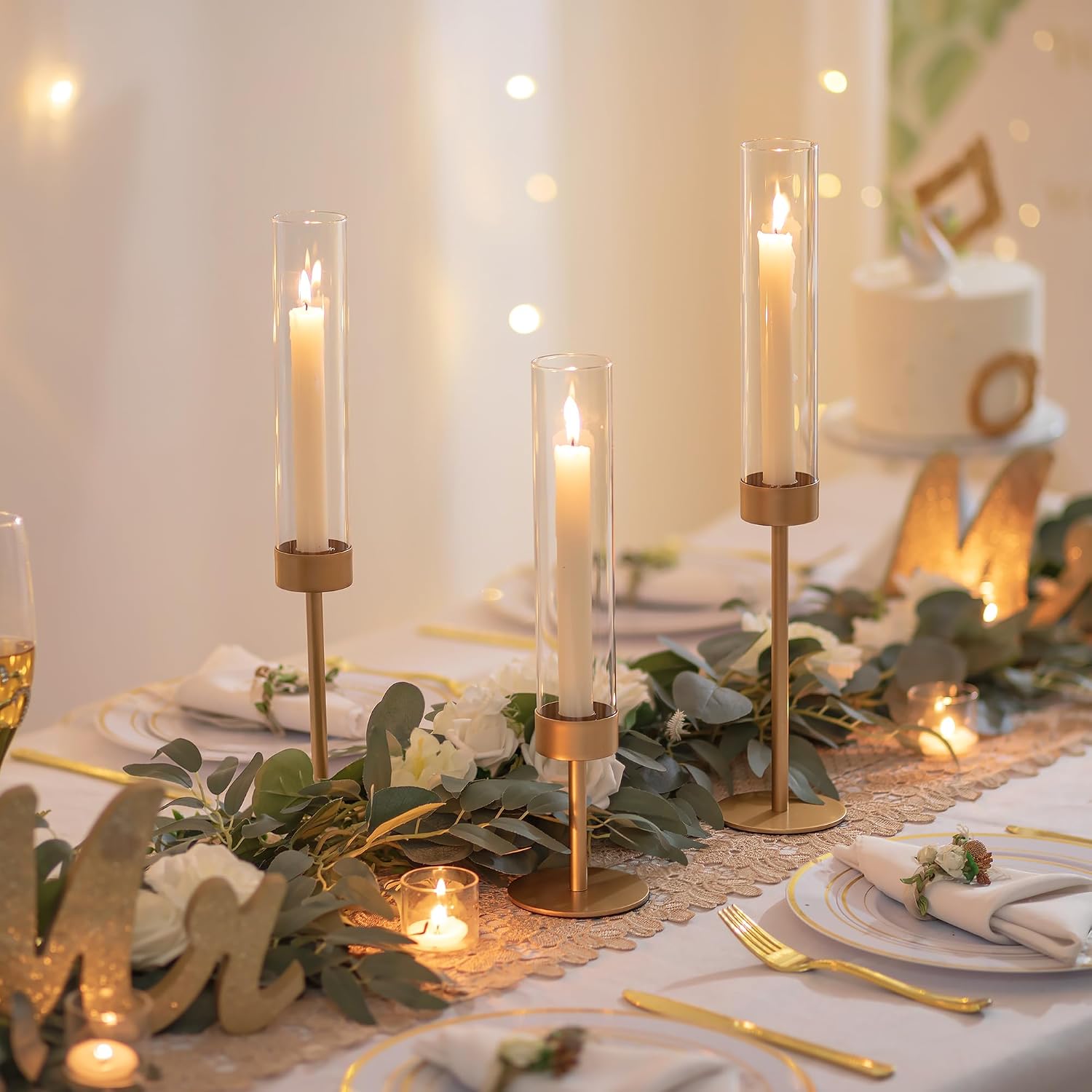 Glass Hurricane Candlestick Holders Gold - Romadedi 18 PCS Taper Candle Holder Bulk Tall Clear Glass Cylinder Table Centerpiece Wedding Decor Party Birthday Christmas Home Decorations
