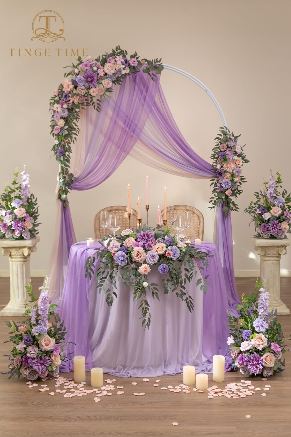TINGE TIME Artificial Sweetheart Flower Swag with Tablecloth and Table Runner, Pack of 3 Floral Arrangement for Wedding Sweetheart Table Centerpiece Decoration (Violet & Misty Rose)