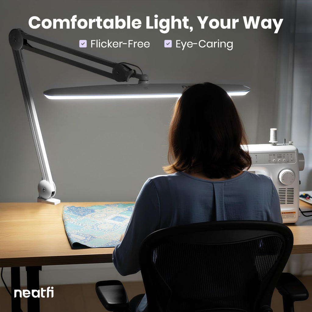 Neatfi XL 2,200 Lumens 20W LED Task Lamp – 23' Ultra-Wide Head | 182 SMD LEDs | 4 Brightness Levels | 3 Light Modes | Eye-Caring, Glare-Free | Adjustable Arm (Silver, CCT with Clamp)