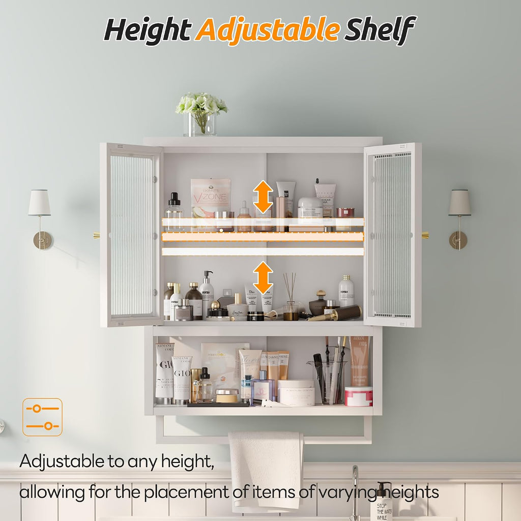 Bathroom Wall Cabinet with 2 Glass Door, Bathroom Medicine Cabinet with Towels Bar and Shelves, Over The Toilet Storage Cabinet, Metal Wall Mounted Cabinet for Kitchen (Upgraded White)