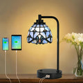 TL0016 Tiffany Style Stained Glass Table Lamp with USB Charging Ports, Desk Lamp with Blue Baroque Lamp Shade, Retro Nightstand H 14.5' for Bedroom Office, LED Bulb Included (Blue)