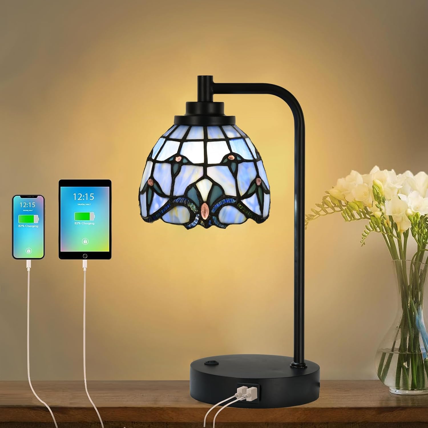 TL0016 Tiffany Style Stained Glass Table Lamp with USB Charging Ports, Desk Lamp with Blue Baroque Lamp Shade, Retro Nightstand H 14.5' for Bedroom Office, LED Bulb Included (Blue)