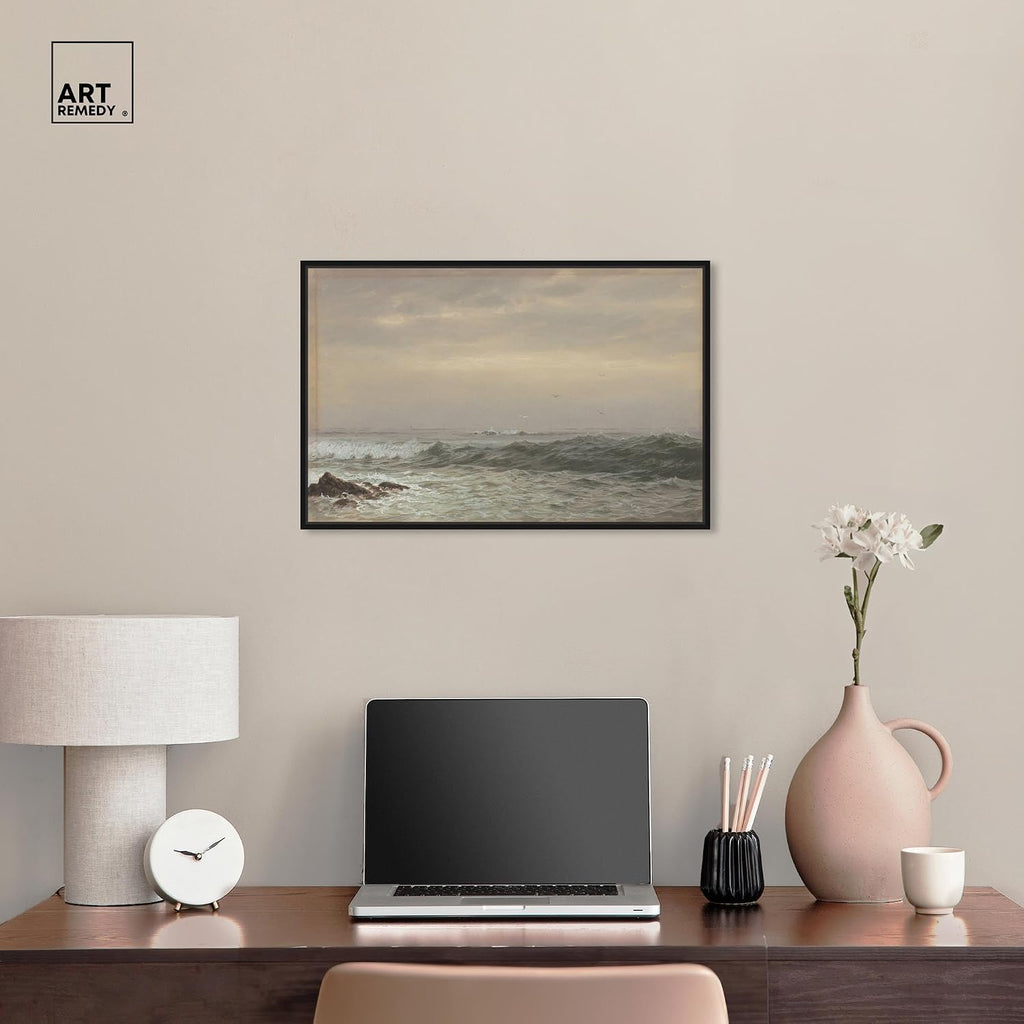 Art Remedy Rocks and Breaking Waves Canvas Coastal Classic Art, Black Frame, 24' x 16'