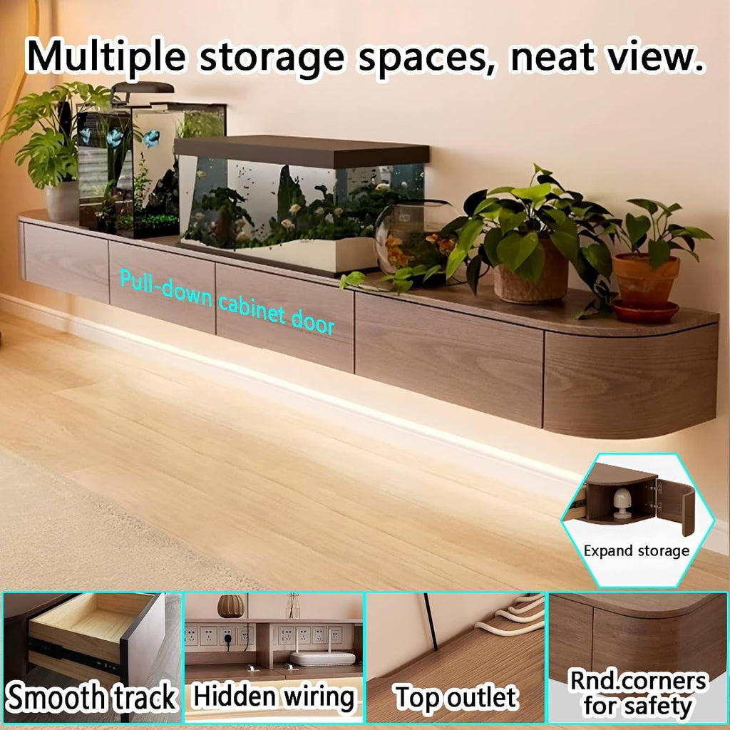 Floating TV Stand with Drawers for Bedroom,Solid Wood Living Room tv Stand with LED Lights,Suitable for Various scenarios Wall Shelf TV Cabinet(Walnut&Light, 86.6')