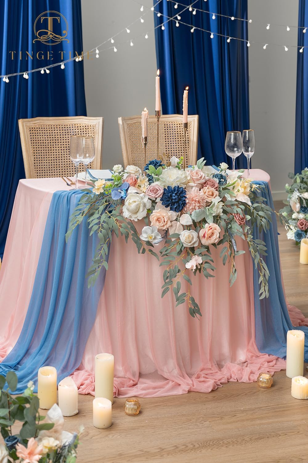 TINGE TIME Artificial Sweetheart Flower Swag with Tablecloth and Table Runner, Pack of 3 Floral Arrangement for Wedding Sweetheart Table Centerpiece Decoration (Dusty Rose & Navy Blue)