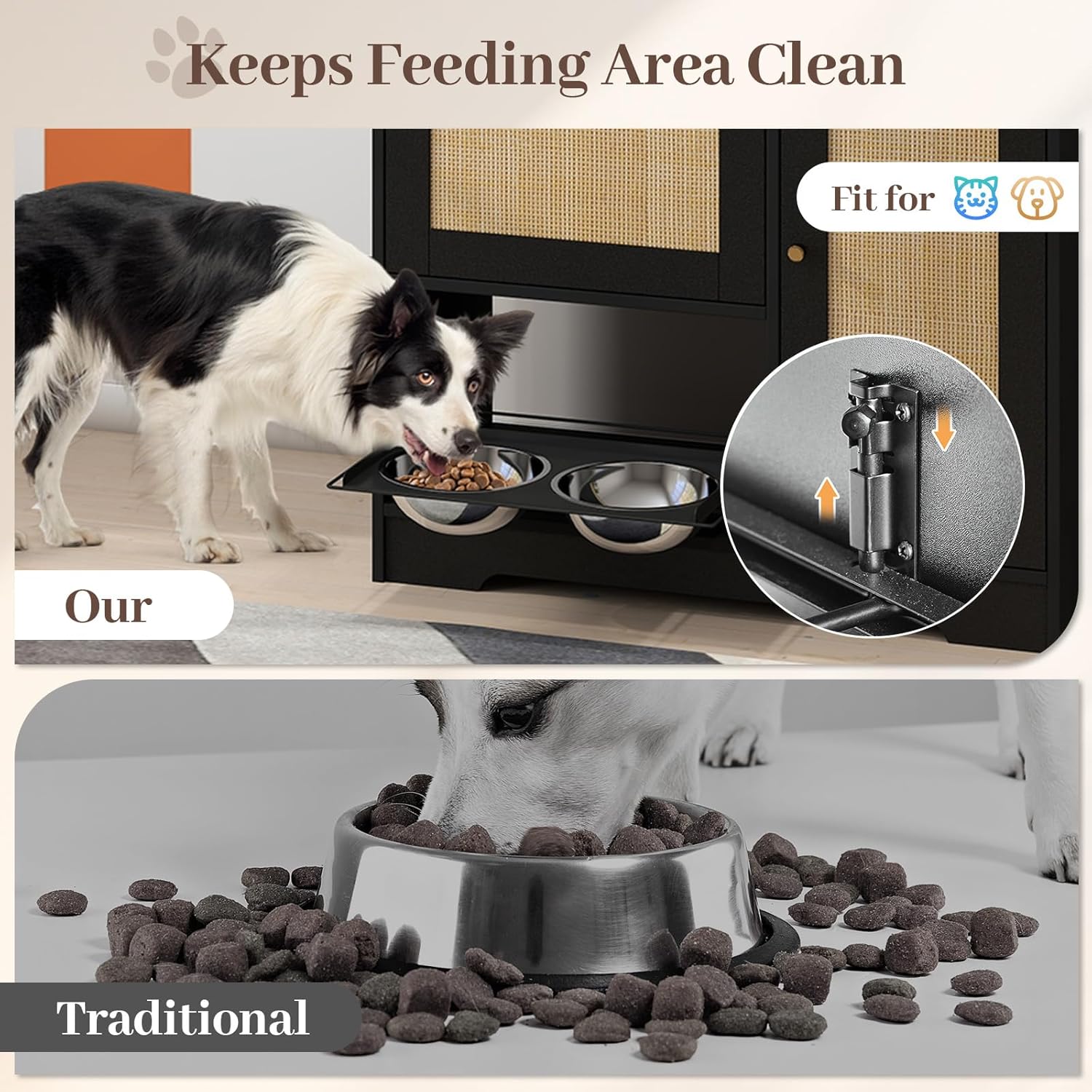 Rovibek Dog Food Storage Cabinet with 2 Raised Dog Bowls, Pet Food Cabinet Feeding Station with Tilt Out Storage Cabinets, Pet Feeding Station for 2 Dogs, Black