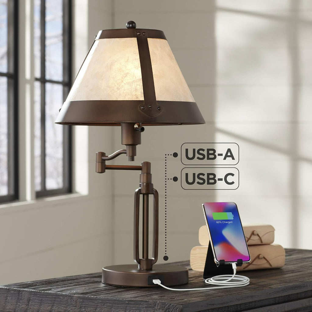 Franklin Iron Works Samuel 21 1/4' High Rustic Swing Arm Accent Table Lamp with USB Ports A+C Charging Bronze Natural Mica Shade for Living Room Bedroom House Bedside Nightstand Home Office Family
