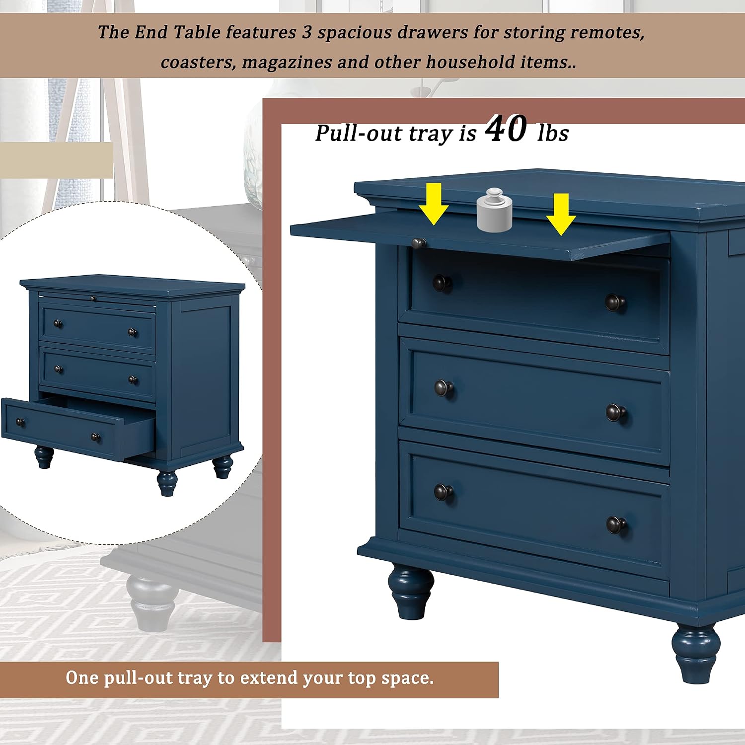 Modern Storage Wood Cabinet with 3-Drawer, Sofa Table Console Table End Table with Pull Out Tray, Accent Table Furniture for Entryway Living Room Bedroom, Fully Assembly Bedside Table (Blue)