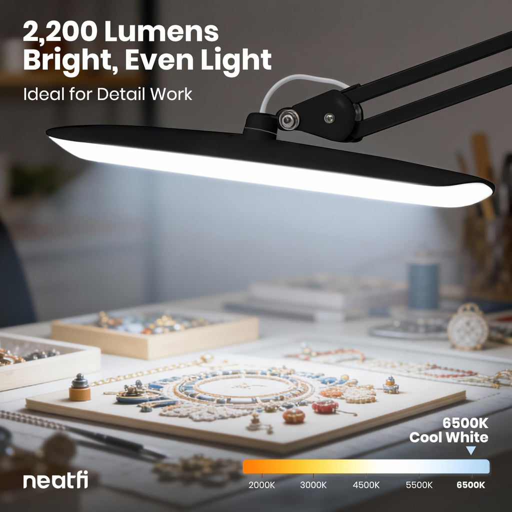 Neatfi XL 2200 Lumens 24W LED Desk Lamp – Shadow-Free Task Lighting | 4-Level Dimming | Home Office & Crafts Use | 20-Inch Wide Head (Black, Non-CCT with Clamp)