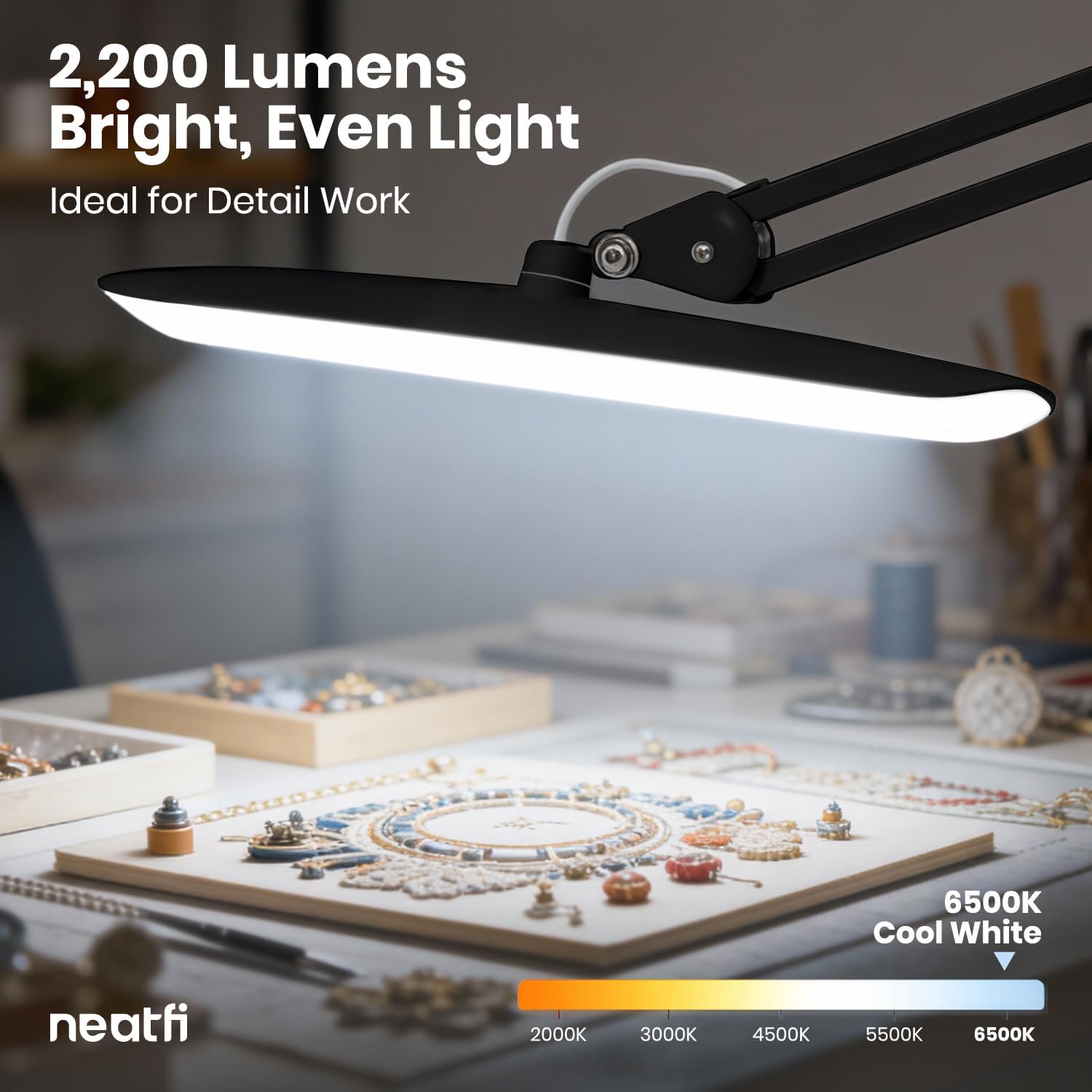 Neatfi XL 2200 Lumens 24W LED Desk Lamp – Shadow-Free Task Lighting | 4-Level Dimming | Home Office & Crafts Use | 20-Inch Wide Head (Black, Non-CCT with Clamp)