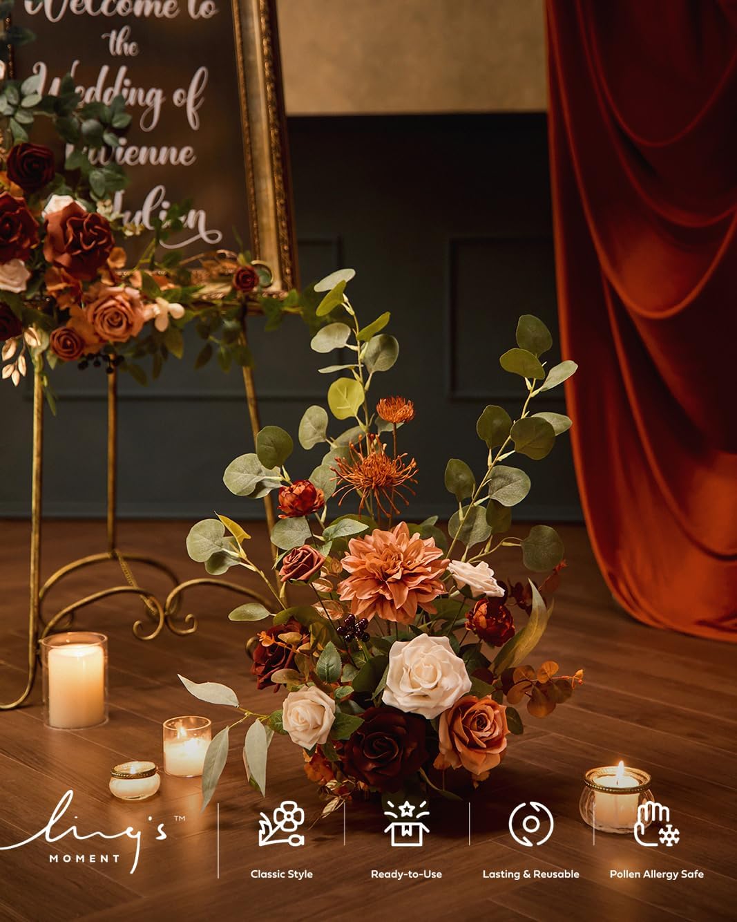 Ling's moment 17.5' Tall Standing Artificial Flowers Arrangements 4pcs Fall Wedding Aisle Runner Chair Decorations Sunset Terracotta Centerpieces Ceremony Reception Rose Floral Party Outdoor
