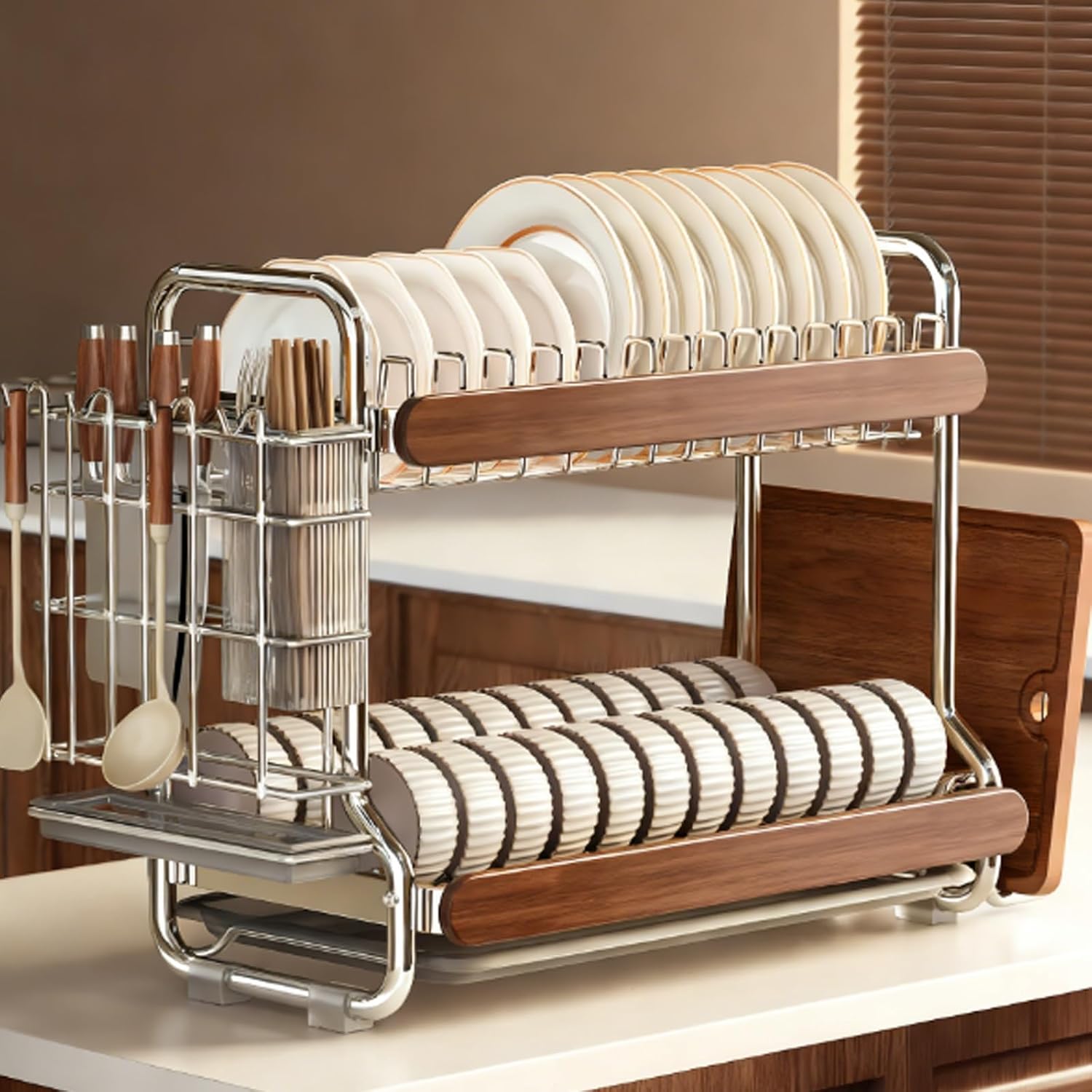 Large-Capacity,partitioned Stainless Steel Dish Rack with Thickened Pipes;Multi-Functional Kitchen Storage for Dishes,Bowls,and Chopsticks;Includes a drip Tray(Double Layer)