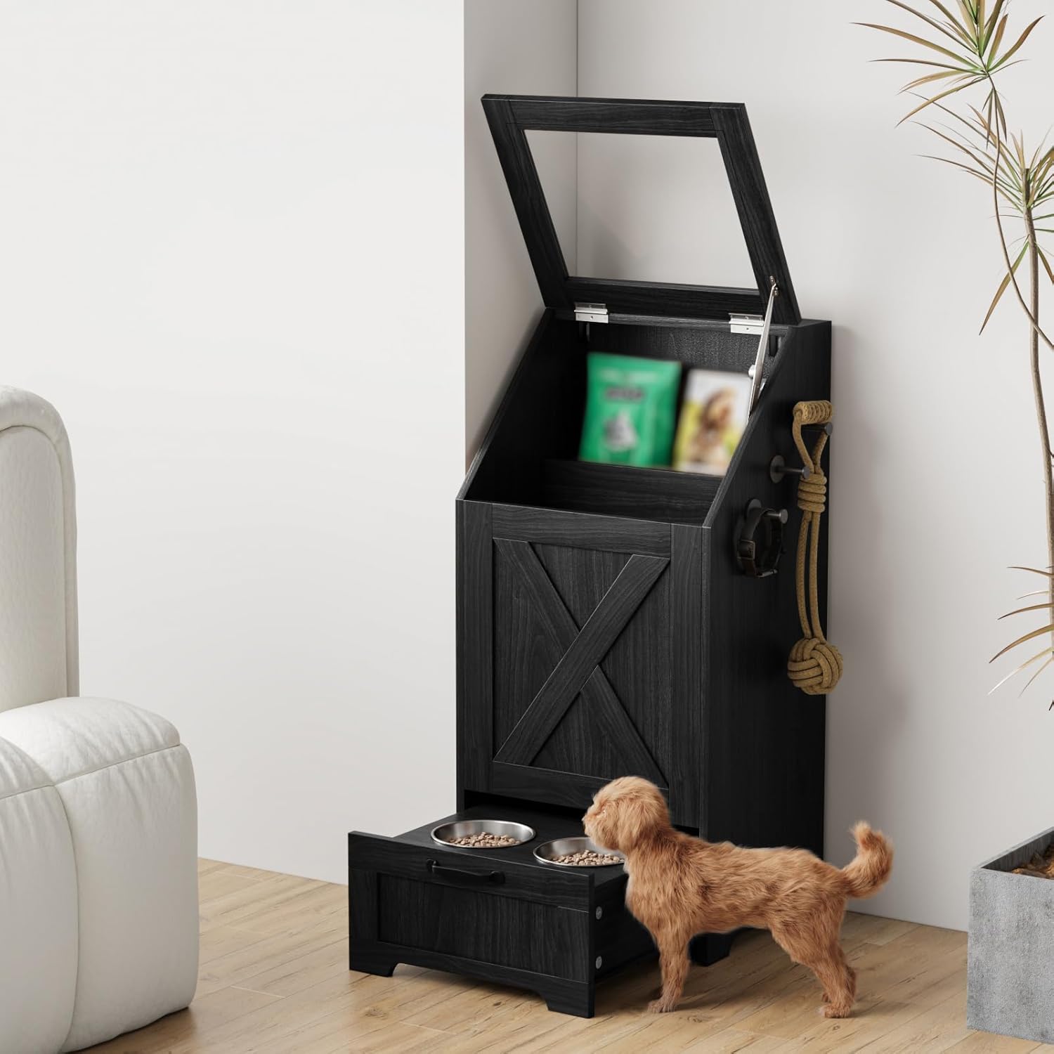 Dog Feeding Station with Storage,Wooden Pet Food Storage Cabinet,Equipped with 2 High Footed Bowls and 3 Hooks,Top Glass Flip Cover,Anti Tipping Device (Dog Feeding Station-Black)
