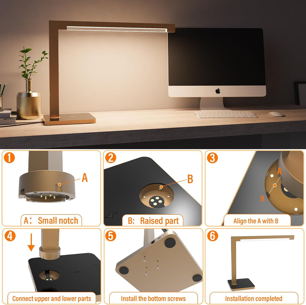 Aluminum LED Desk Lamp with Charging Station, Large 15W Table Lamp with Type-C Ports & 4 Color Temperature Modes(3000K-6000K), Dimmable Desk Light for Home Office,Bedroom (Includes Adapter)