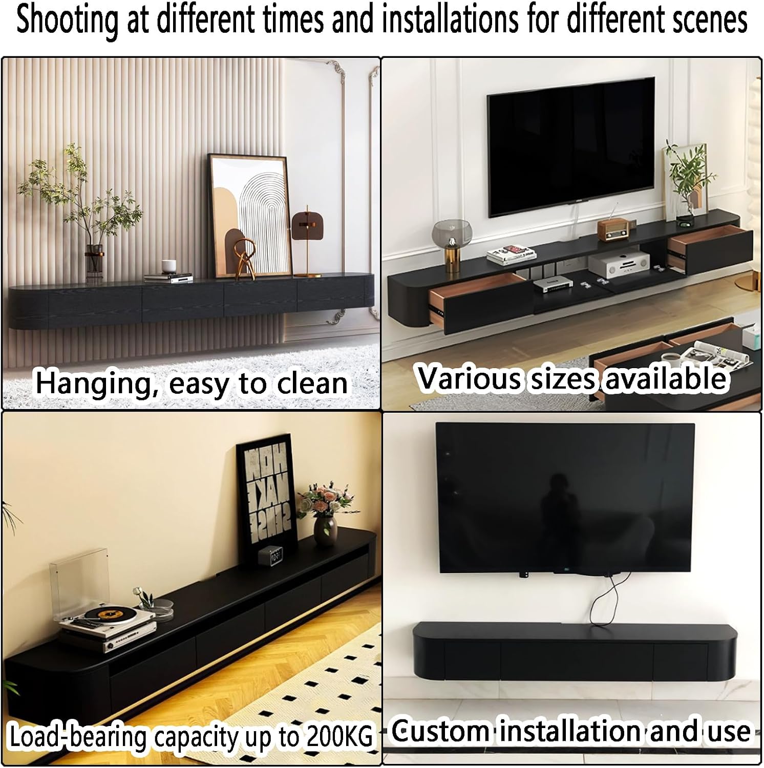 Floating TV Stand with Drawers for Bedroom,Solid Wood Living Room tv Stand with LED Lights,Suitable for Various scenarios Wall Shelf TV Cabinet Black&Light, 78.7'