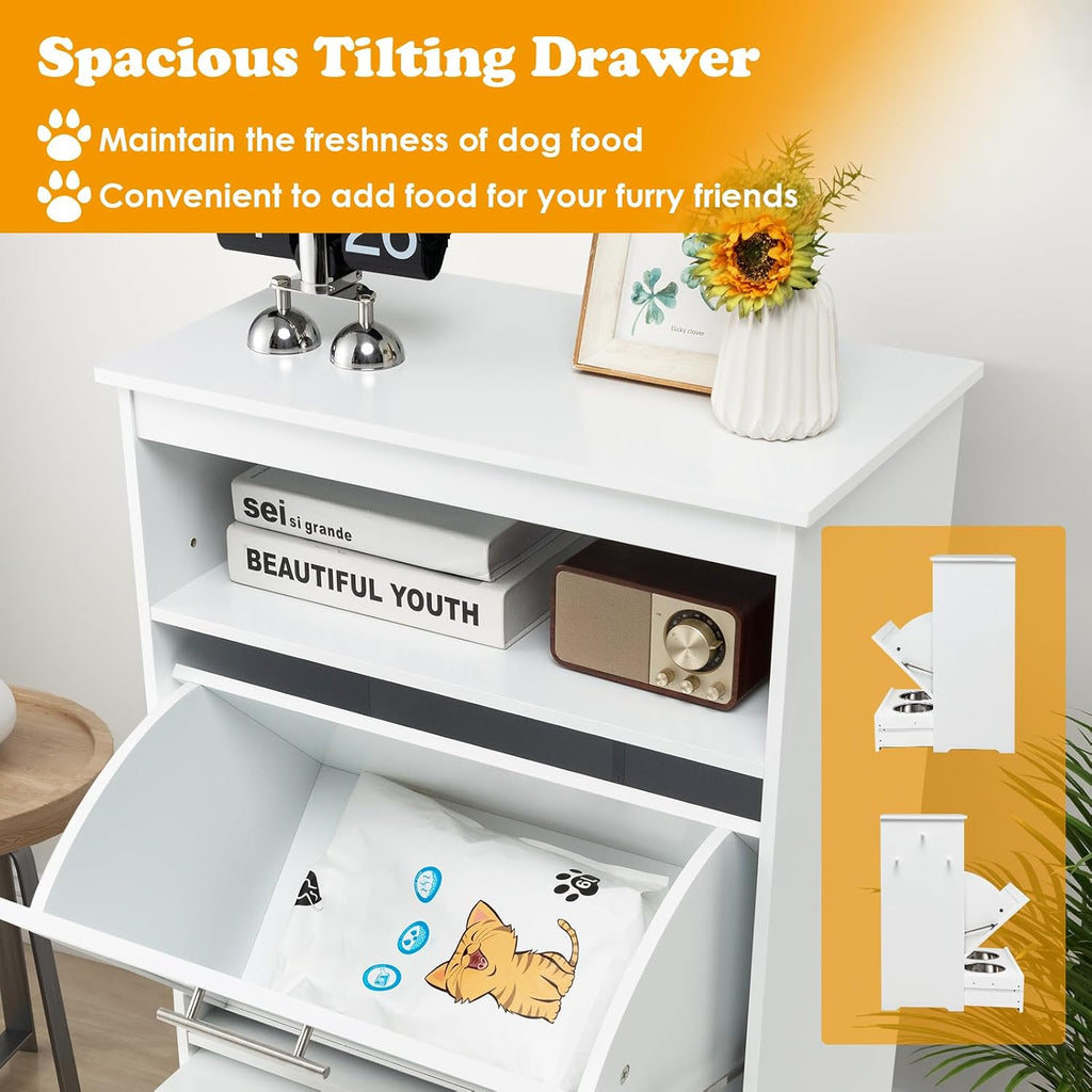 PETSITE Dog Feeding Station with Storage and 2 Elevated Bowls, Modern Dog Food Cabinet with 3 Side Hangers and Tilt-Out Storage Cabinet (White)