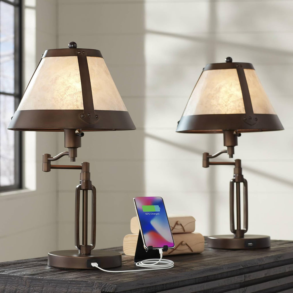 Franklin Iron Works Samuel Rustic Industrial Desk Table Lamps with USB Charging Port 21 1/4' High Set of 2 Bronze Swing Arm Mica Shade for Bedroom Living Nightstand Bedside Office Kids Room House