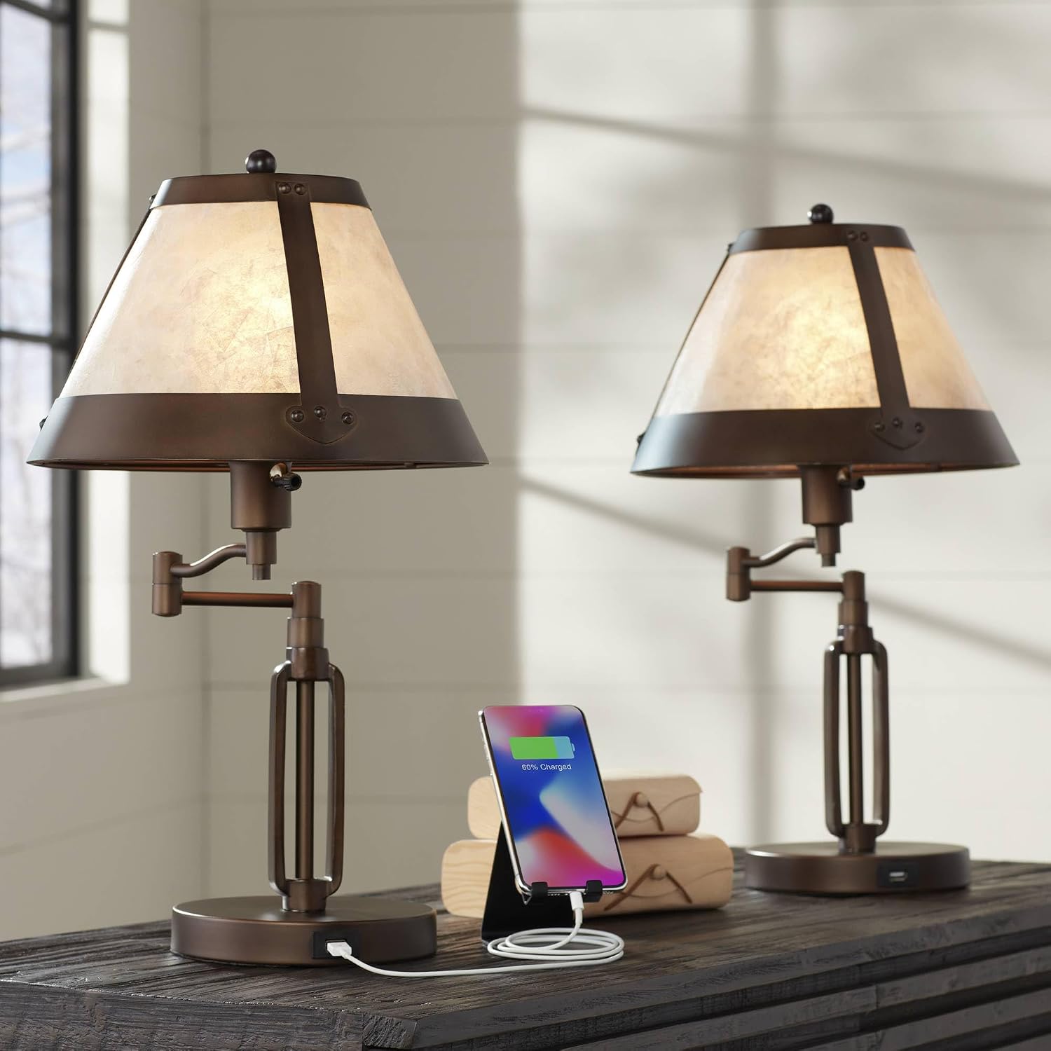 Franklin Iron Works Samuel Rustic Industrial Desk Table Lamps with USB Charging Port 21 1/4' High Set of 2 Bronze Swing Arm Mica Shade for Bedroom Living Nightstand Bedside Office Kids Room House
