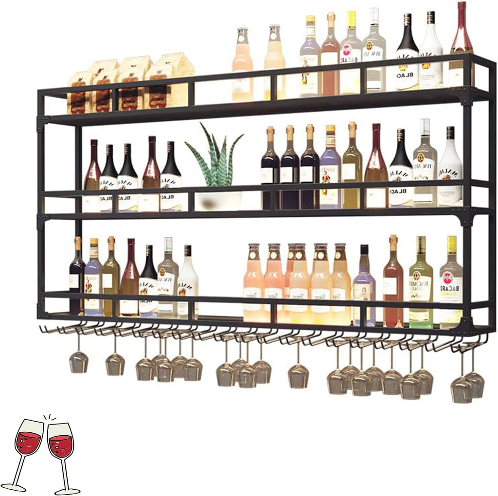 Metal Wall Wine Rack Bar Shelves Liquor Shelf Wall Mounted with LED Light Hanging Wine Glass Holder Rack for Liquor Bottles Floating Bar Cabinet Liquor Bottle Display Shelf for Home Bar Kitchen(Black,