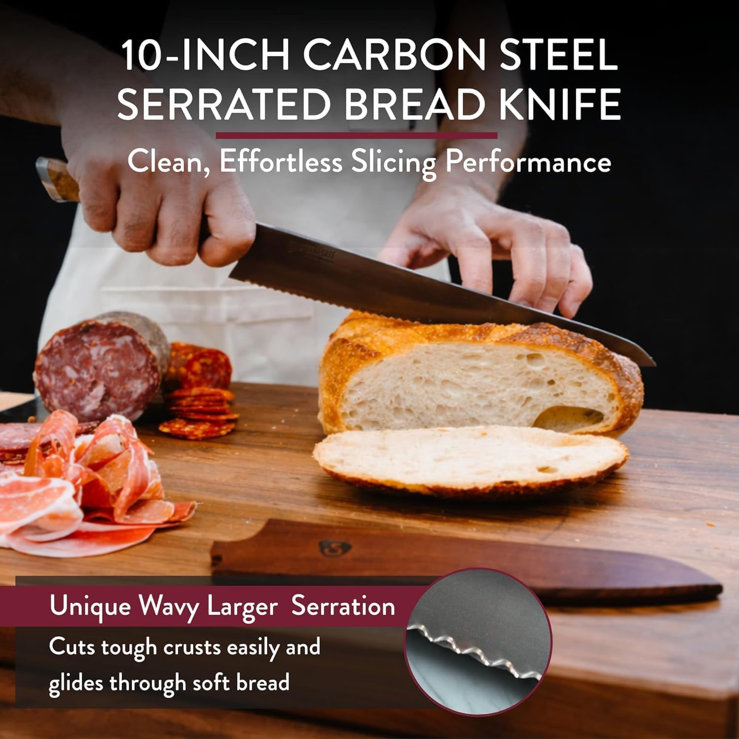 STEELPORT Bread Knife Set (3 Pcs.) – 10' Carbon Steel Serrated Bread Knife with Wooden Sheath & Stainless Steel Bench Scraper | Sourdough Tools for Professional Kitchen | Made in USA