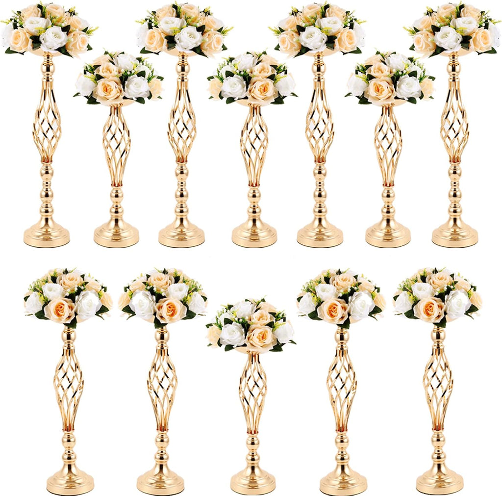 12 Pcs Metal Wedding Flower Stand Bulk Table Centerpieces, Tall Golden Flower Arrangement Vase Candle Holder Stand for Wedding Reception, Birthday, Party, Hotel Decor, Twist Style, 3 Sizes