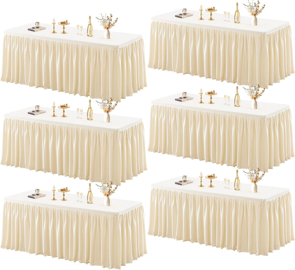 6 Pack Champagne Tablecloths for Rectangle Tables 6ft, Wrinkle Resistant Spandex Tablecover Fitted Stretch Table Cloth with Pleated Ruffle Table Skirts for Party Banquet Dining Birthday Wedding