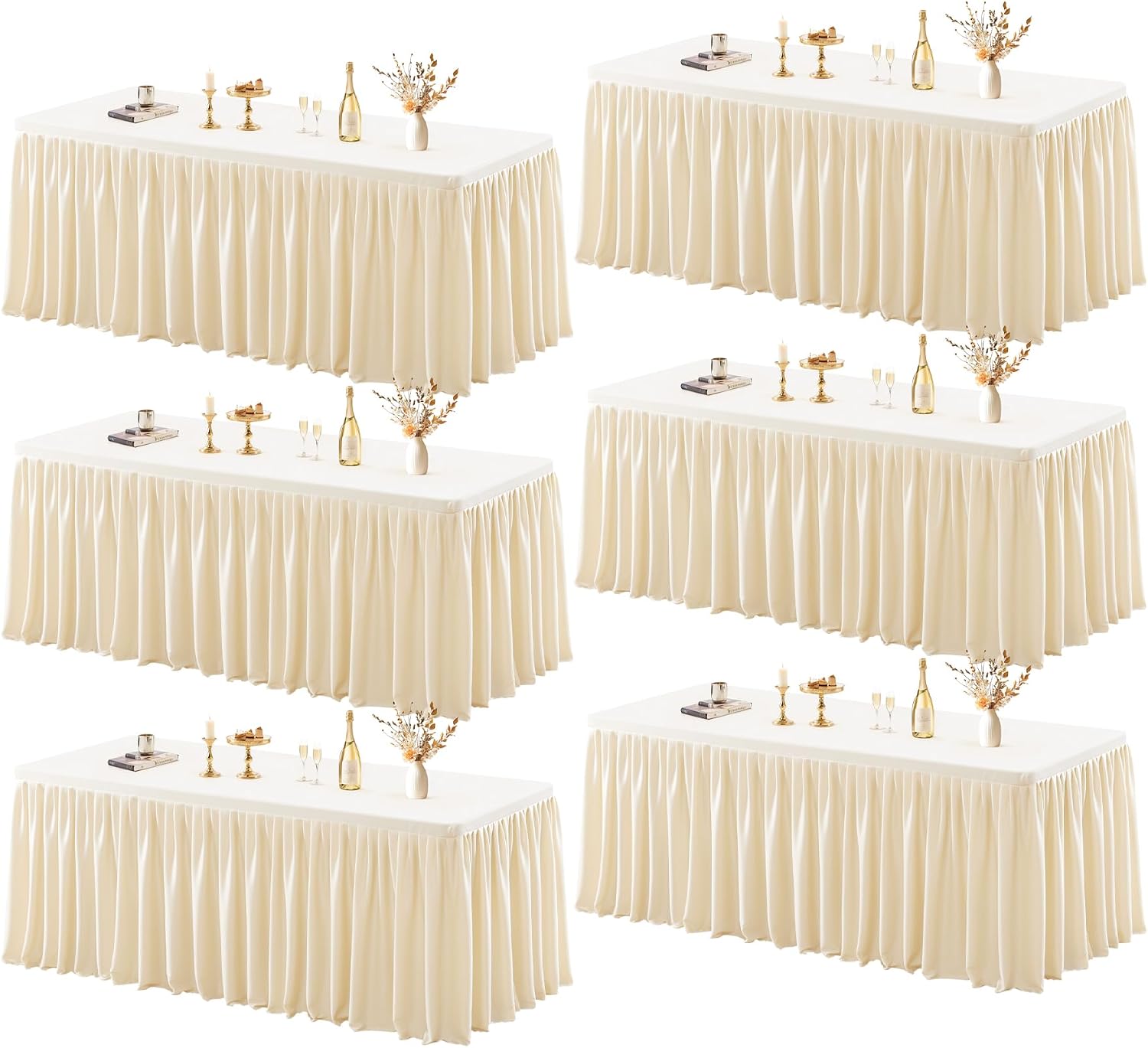 6 Pack Champagne Tablecloths for Rectangle Tables 6ft, Wrinkle Resistant Spandex Tablecover Fitted Stretch Table Cloth with Pleated Ruffle Table Skirts for Party Banquet Dining Birthday Wedding