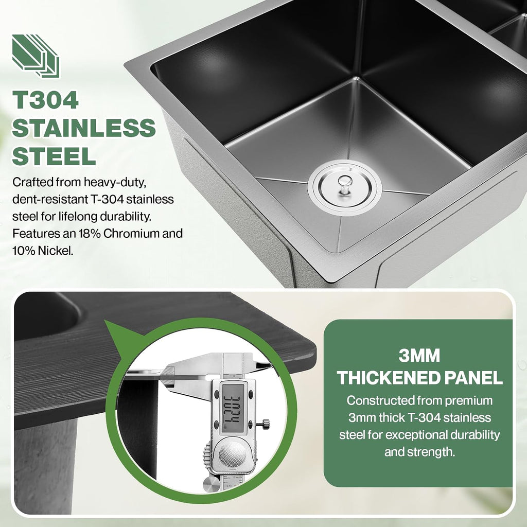30-inch Black Kitchen Sink, Double Bowl Drop-in/Top-Mount 304 Stainless Steel with Nano Coating, Includes Drain Assembly & Fruit Basket for Modern Kitchen (30.7' x 16.9')