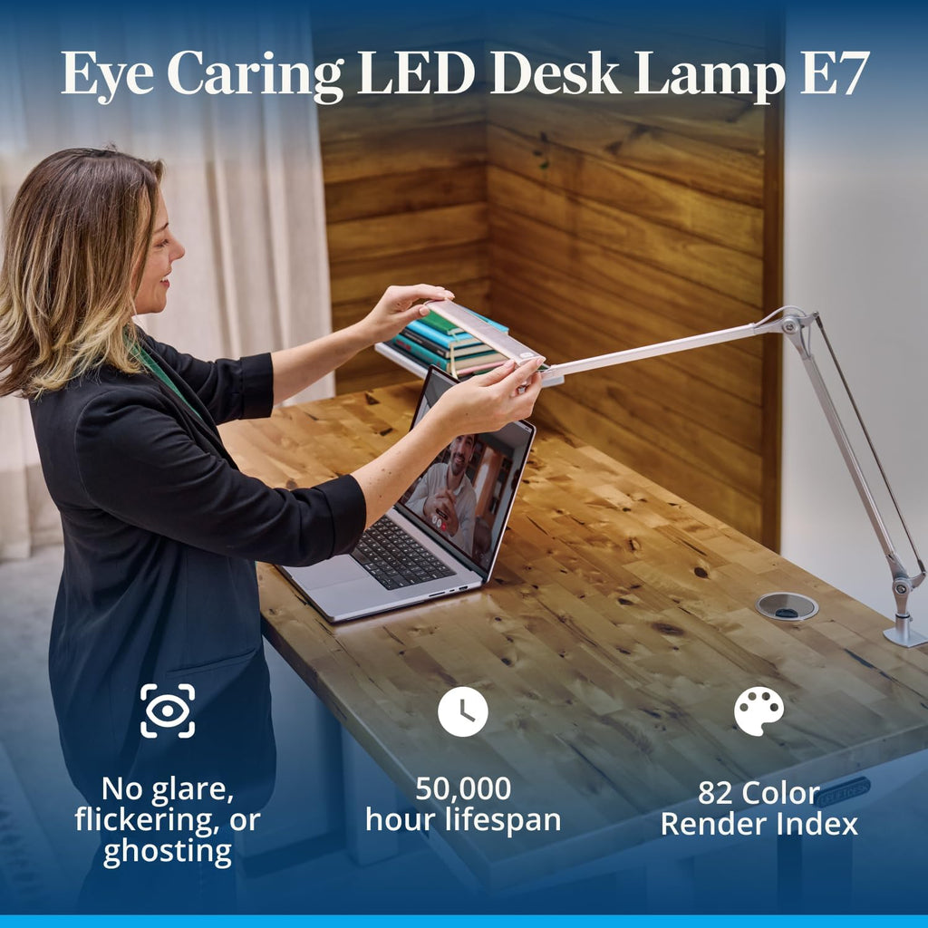 UPLIFT DESK E7 LED Desk Lamp - Adjustable 3 Color Modes, Dimmable Home Office Desk Light for Standing Desk, Dual Monitors, Aluminum Task Lamp (Silver Base)