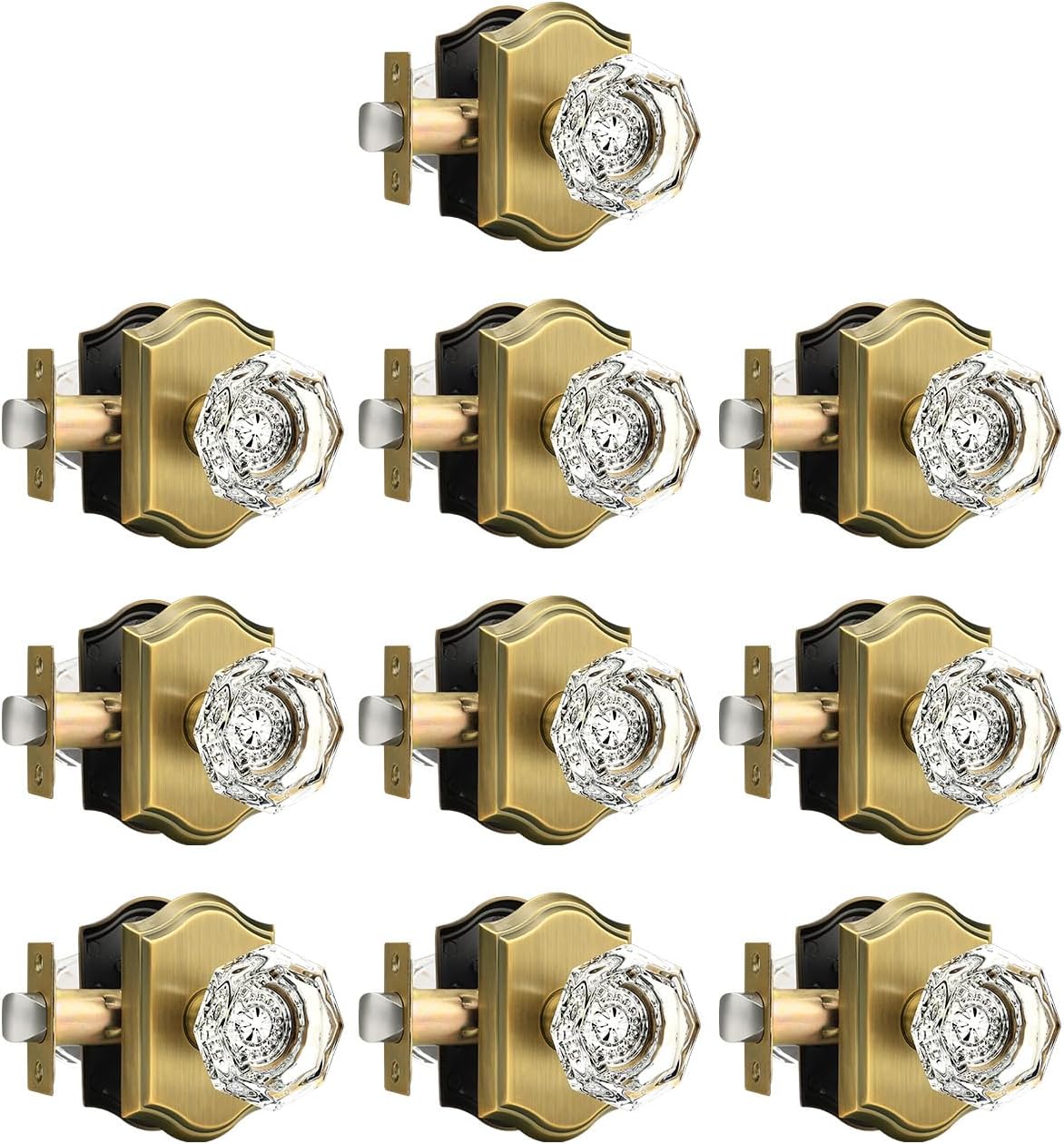 Gobrico 10 Pack Passage Doorknobs in Antique Brass,Clear Crystal Door Knobsets Interior for Hall/Closet,Keyless for Pantry Laundry Room,Heavy Duty Door Lock Sets