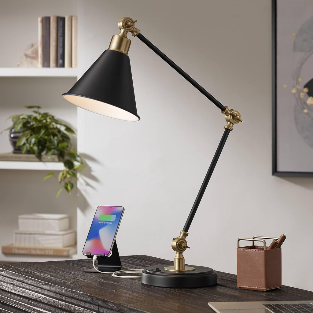 360 Lighting Wray 26 3/4' High Modern Adjustable Desk Lamp with USB Charging Ports A+C Painted Black Brass Metal Cone Shade for Living Room Bedroom House Bedside Nightstand Home Office Reading