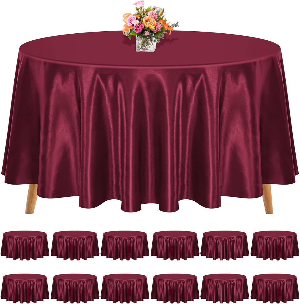 12 Pack 120 Inch Round Tablecloth, Burgundy Satin Fabric Table Cloth for Round Tables, Wrinkle Resistant Washable TableCover Bright Silk Table Clothes for Wedding Party Dining Tables Banquet