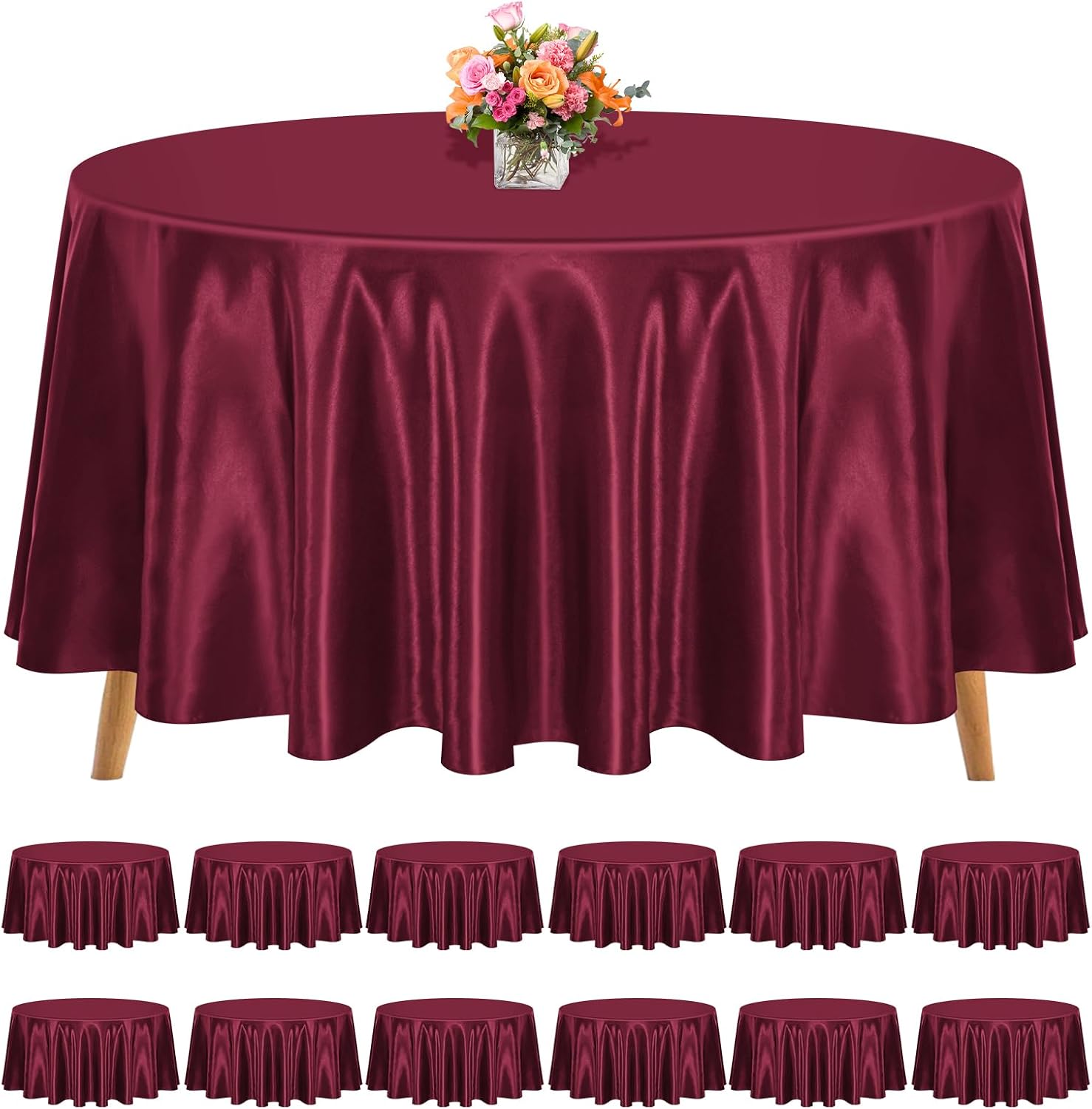 12 Pack 120 Inch Round Tablecloth, Burgundy Satin Fabric Table Cloth for Round Tables, Wrinkle Resistant Washable TableCover Bright Silk Table Clothes for Wedding Party Dining Tables Banquet