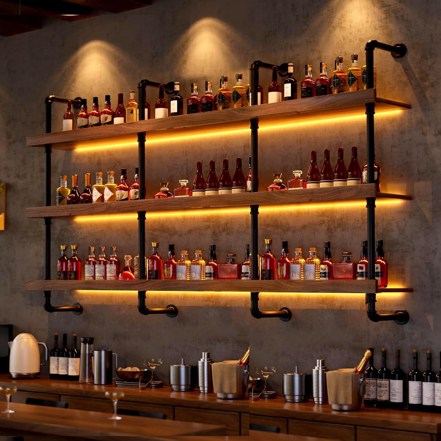 55.1in Large Wine Rack with LED Light Solid Wood Wall Mounted Wine Rack, 3-Tiers Liquor Bottles Floating Shelves Display Storage Organizer for Home Bar & Dining Room (140cm/55.1in)
