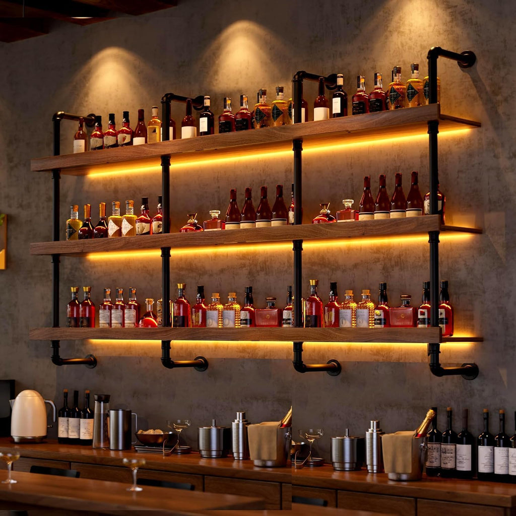 Solid Wood Wine Racks Wall Mounted with LED Lights, Metal Wine Bottles Display Shelf, Industrial Floating Lighted Bar Shelves Liquor Rack for Home & Dining Room (120cm/47.2in)