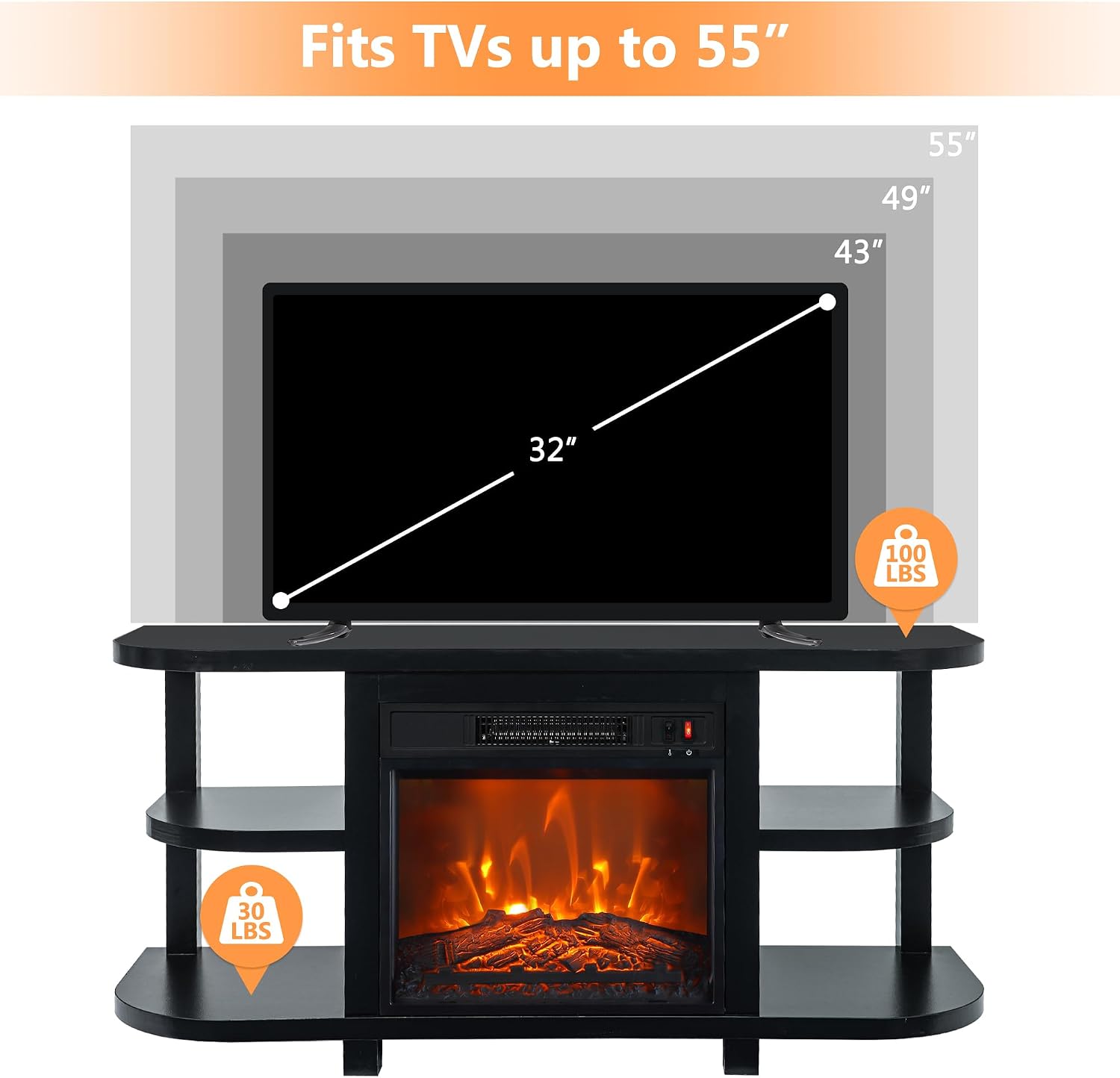 48' Fireplace TV Stand for TVs up to 55', Farmhouse Entertainment Center with 18' Electric Fireplace Insert, 1400W Wood Media Console Table with Open Storage Shelves for Living Room, Bedroom (Black)