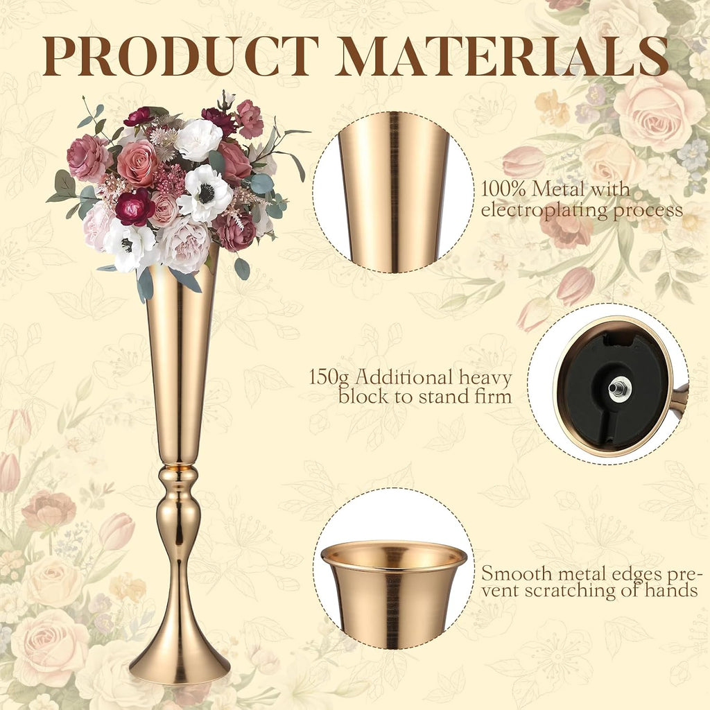 12 Pcs Tall Gold Trumpet Vases for Centerpieces & Wedding Tables - 21.65' Tall Gold Flower Vase Set with Weighted Base, Metal Trumpet Centerpieces for Tables (Bases para Centros de Mesa)