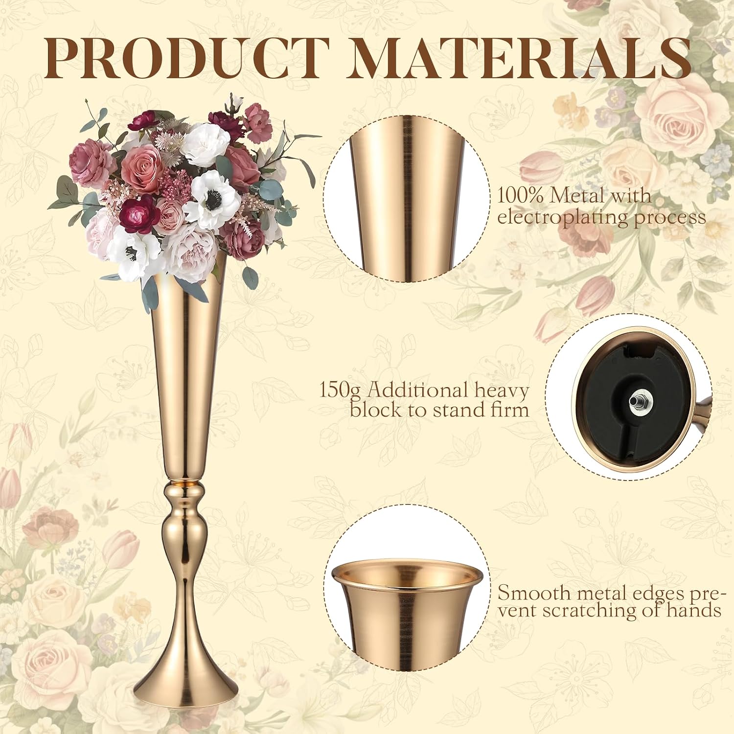 12 Pcs Tall Gold Trumpet Vases for Centerpieces & Wedding Tables - 21.65' Tall Gold Flower Vase Set with Weighted Base, Metal Trumpet Centerpieces for Tables (Bases para Centros de Mesa)