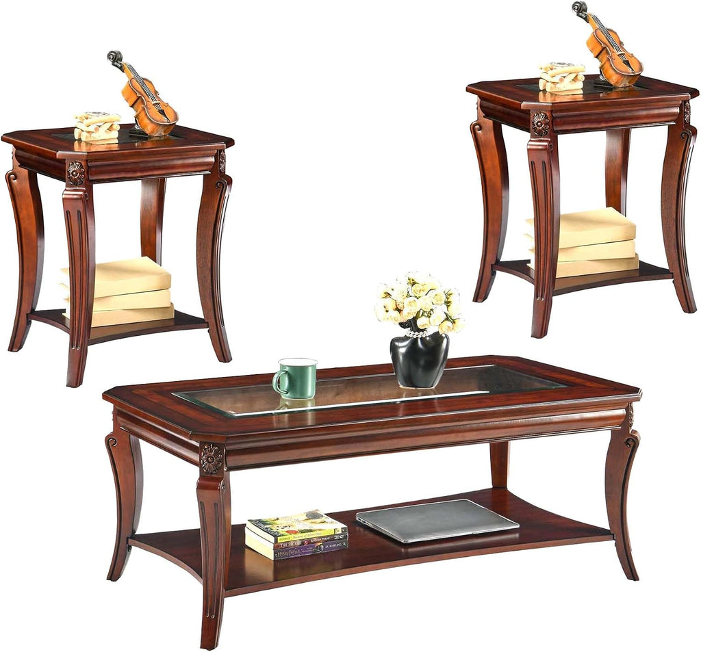 Traditional Living Room Tables Set of 3- One Coffee Table with Glas and Two End Table with Glass Tabletop and Carved Leg,Table Set with Storage Shelf, Cherry Brown KFZ- CJZ-A1168-WD