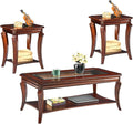 Traditional Living Room Tables Set of 3- One Coffee Table with Glas and Two End Table with Glass Tabletop and Carved Leg,Table Set with Storage Shelf, Cherry Brown KFZ- CJZ-A1168-WD