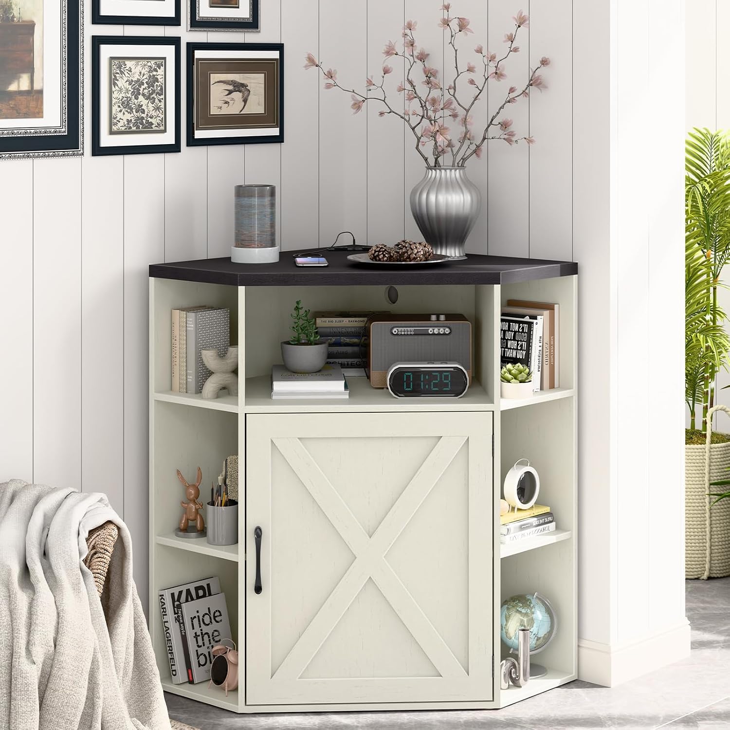 Halitaa Corner Storage Cabinet, Farmhouse Corner Bookshelf with Storage 6-Cubby Wooden Cabinet with USB Ports and Outlets Industrial Organizer for Small Space, Study, Playroom, Rustic White and Black