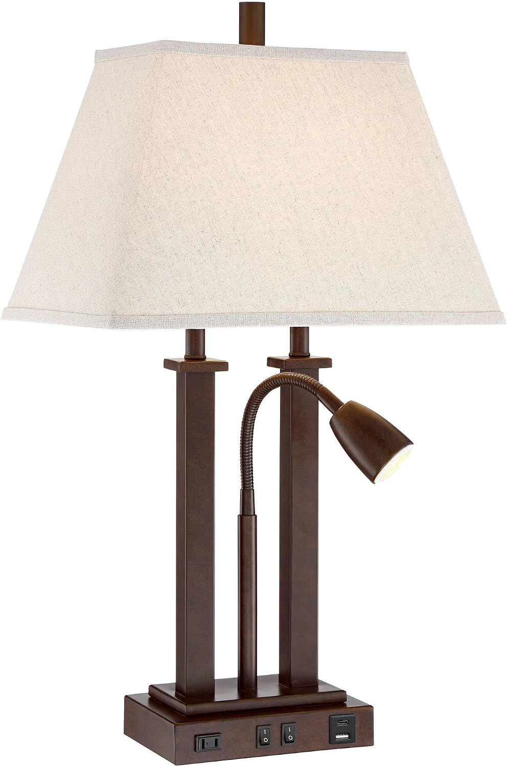 Possini Euro Design Deacon 26' High Modern Desk Table Lamp with USB Charging Ports A+C and AC Power Outlet in Base Gooseneck LED Bronze Rectangular Linen Shade for Living Room Bedroom House Bedside