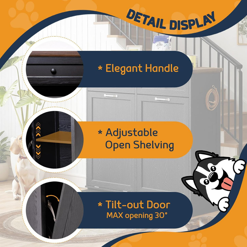 Double Door Dog Feeding Station with Storage, 10 Gallons Tilt Out Trash Can Cabinet, Dog Food Cabinet with 4 pcs Dog Bowl for Kitchen/Living Room (Black, Double Door)