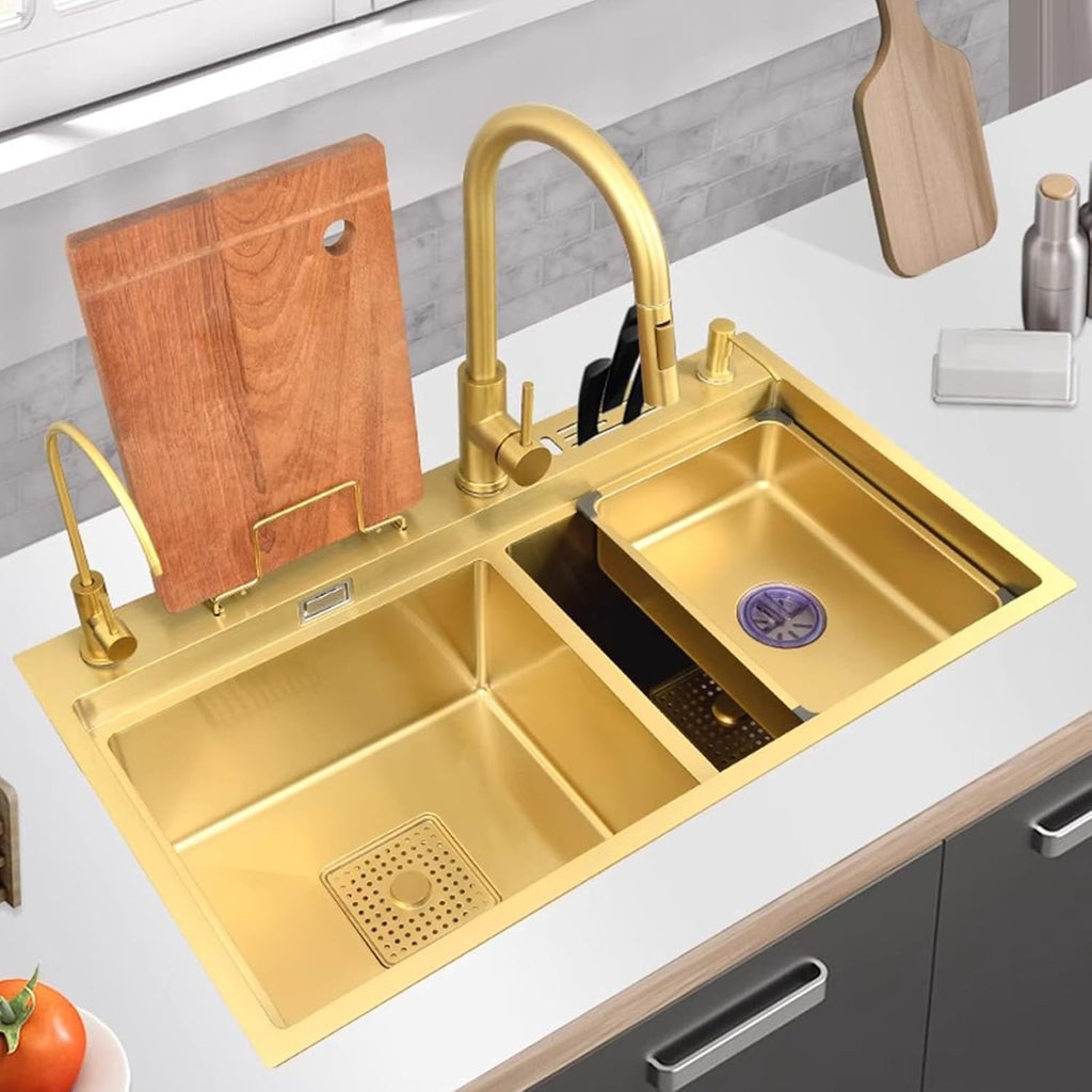 Golden Kitchen Sink Double Bowl Sink 304 Stainless Steel Sink Large Capacity Sink Gold Faucet Complete Accessories (78x46x24cm