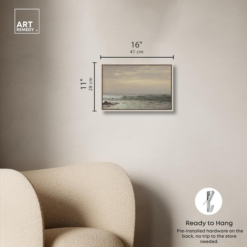 Art Remedy Rocks and Breaking Waves Canvas Coastal Classic Art, Silver Frame, 15' x 10'