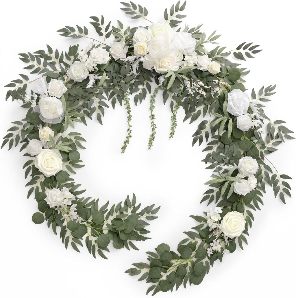 Ling's moment 9FT Spring Flower Garland for Backdrop Decorations - Wedding Arch Flowers, Eucalyptus & Rose, Artificial Floral Garland for Mantel - Sweetheart Table Decor for Reception, White & Sage